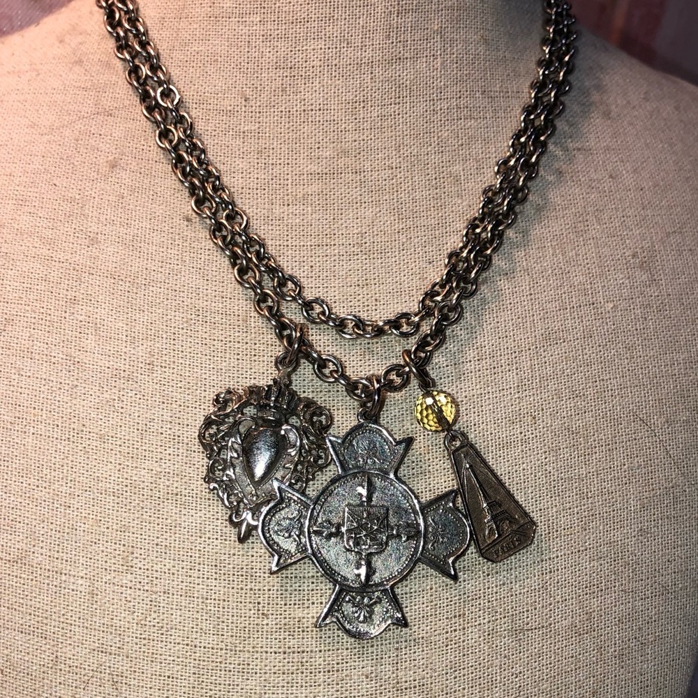 French Kande Paris Endless Heart Merit Maltese Cross Charm Necklace.